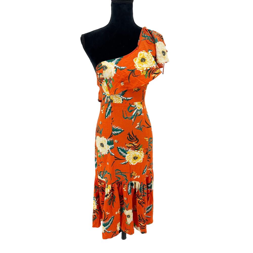 Urban Outfitters‎ Carmen Orange One Shoulder Linen Knit Floral Midi Dress XS